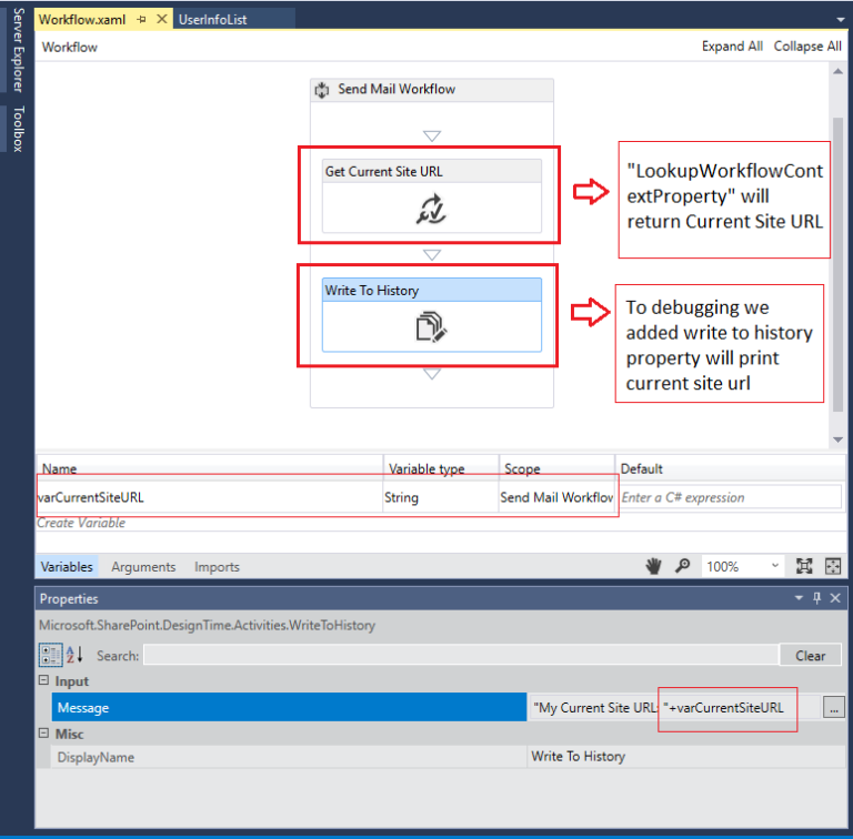 How to get Current Site URL in Visual Studio SharePoint workflow