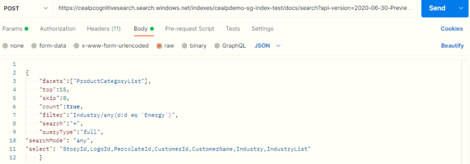 AZURE COGNITIVE SEARCH: Apply Filtered Search through POSTMAN